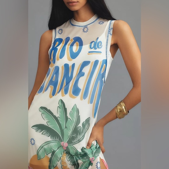 NWT ANTHROPOLOGIE x FARM RIO Graphic Mesh Tropical Midi Dress Size XS - Picture 3 of 9